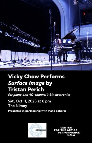 Program cover for 'Surface Image' featuring image of Vicky Chow playing piano on stage, surrounded by speakers