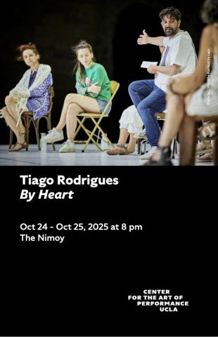 Program cover for 'By Heart' featuring image of Tiago Rodrigues sitting on stage with audience participants, gesturing to his left