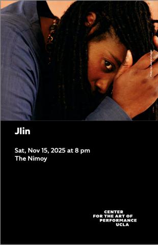 Program cover for Jlin featuring headshot image of Jlin partially covering her face with her hands