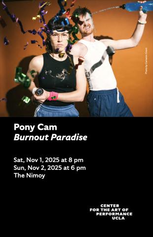 Program cover for Pony Cam featuring image of two performers posed in front of orange backdrop with streamer confetti falling in front of them