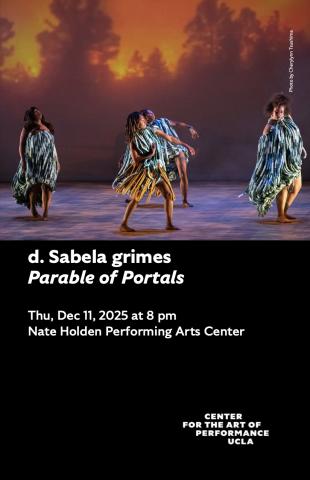 Program cover for 'Parable of Portals' featuring image of 4 dancers on stage in front of projection of orange sky with trees in the foreground 