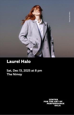 Laurel Halo house program cover featuring portrait of Halo in a light gray oversized suit, standing confidently against a dusk sky with windblown hair partially obscuring her face — evoking a mood of elegance, individuality, and artistic cool