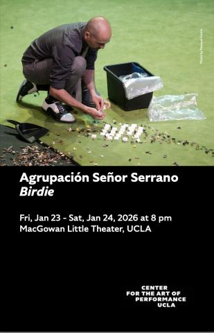 Program cover for 'Birdie' featuring image of performer knelt down on stage of faux grass, assembling small minature animals and tents