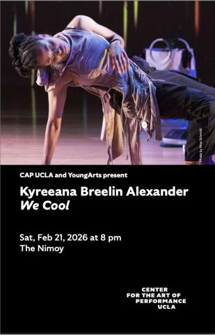 Program cover for 'We Cool' featuring image of Kyreeana Breelin Alexander dancing on stage under purple hued lighting. Kyreeana is bending backward with one palm on the floor.