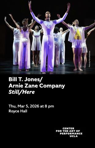 Program cover for 'Still/Here,' featuring image of company members standing on stage, wearing white clothing, and holding their arms in the air