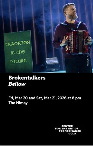 Cover for Brokentalkers program, featuring image of Danny O'Mahony playing accordion with a sign reading 'Tradition is the Future' to his left