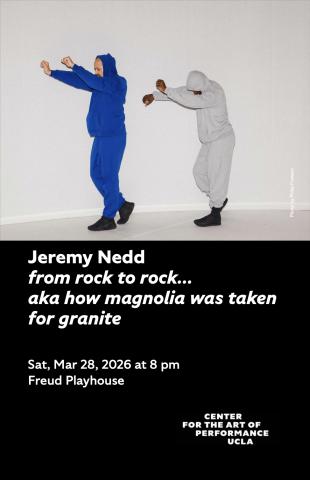 Program cover for 'from rock to rock... aka how magnolia was taken for granite' featuring image of two dancers posing in front of an off white background, one wearing a blue sweatsuit and the other wearing a gray sweatsuit