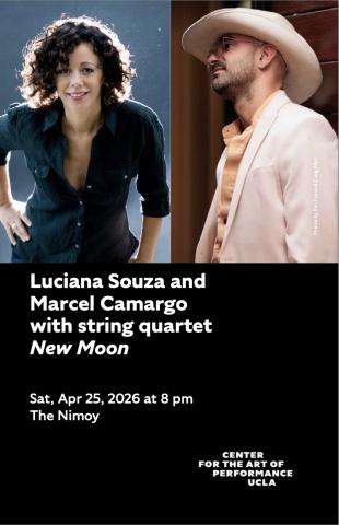 Program cover for Luciana Souza and Marcel Camargo featuring split image of Luciana Souza posing in front of grey background and image of Marcel Camargo, posing in profile in front of brown backdrop