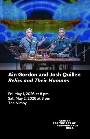 Program cover for 'Relics and Their Humans' featuring image of Ain Gordon and Josh Quillen sitting at a desk set up on a stage with a rainbox cloud backdrop projected behind them