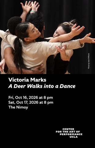 Program cover for 'A Deer Walks into a Dance' featuring performers huddled together with their arms outstretched