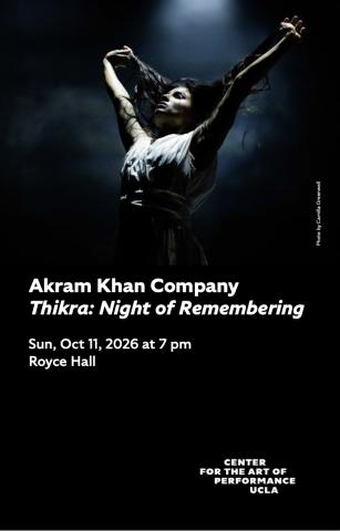 Program cover for 'Thikra: Night of Remembering,' featuring image of a dancer poses with arms raised above their head on a stage with a dark backdrop and smoke floating in the air.