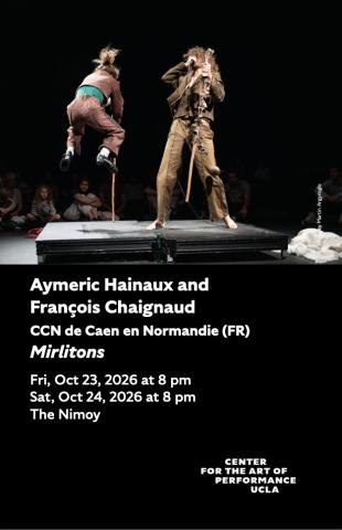 Program cover for 'Mirlitons' featuring image from the production of the two performers on a small black box stage