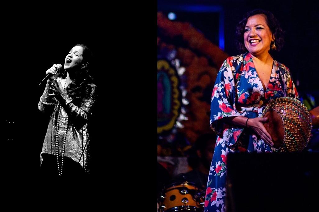 Two images of Perla Batalla and Quetzal on stage