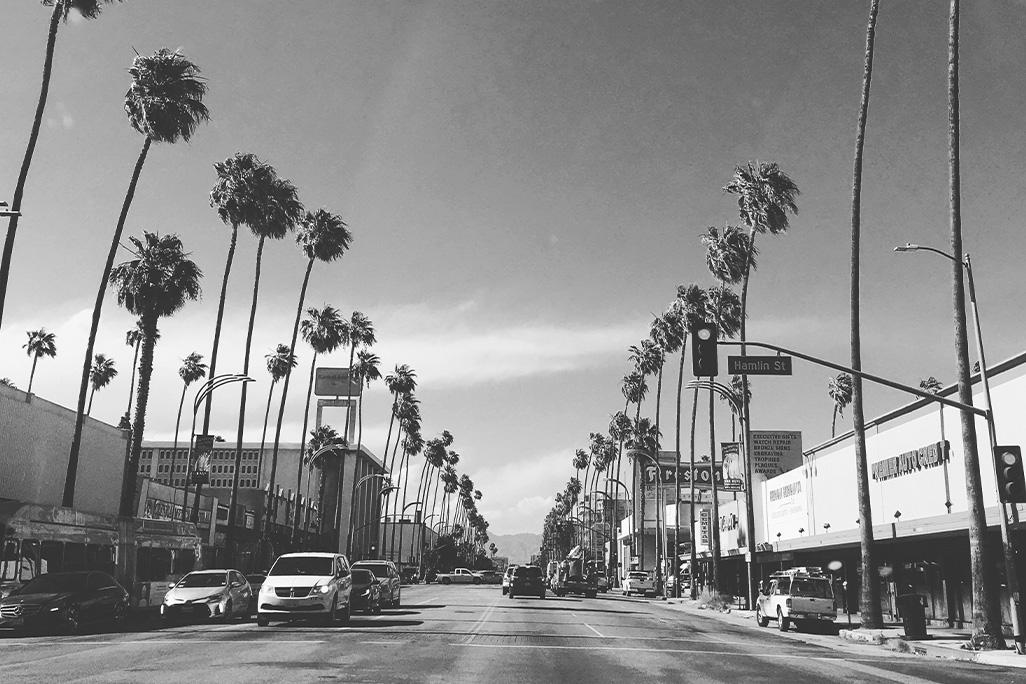 Black and white photo of Los Angeles street