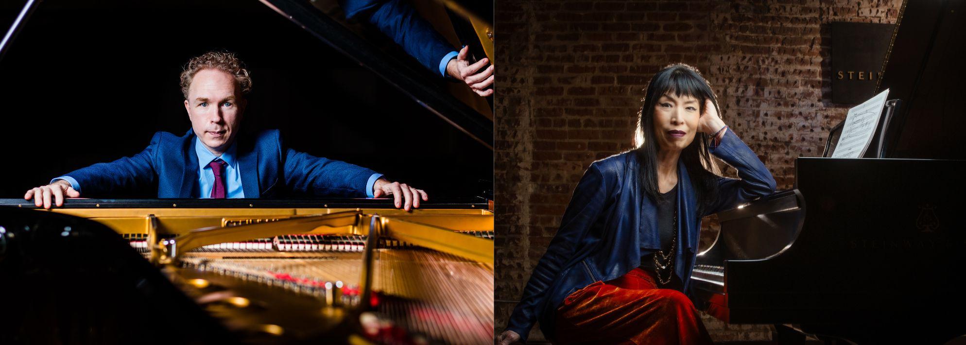 Split image of pianists Ralph van Raat and Gloria Cheng