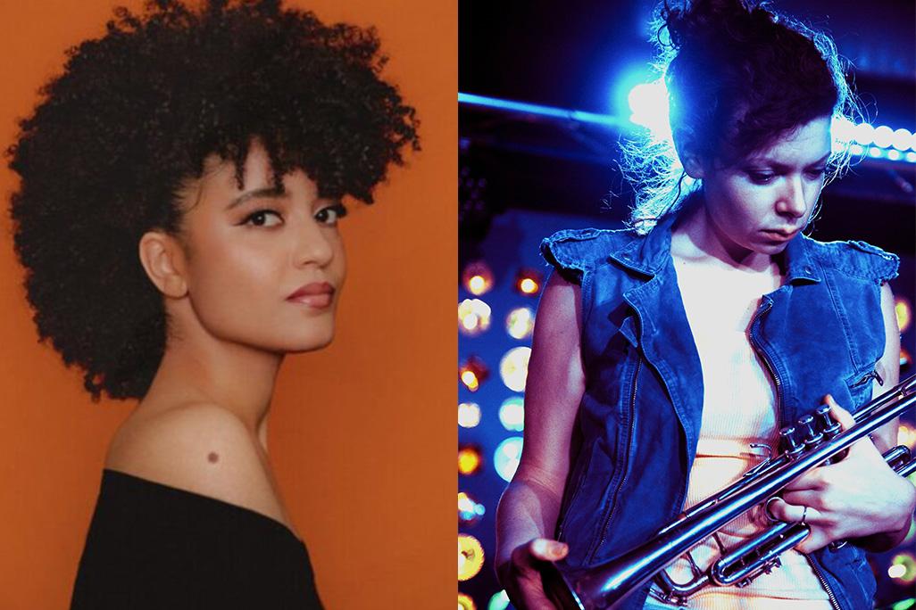 Split image of Milena Casado posed in front of an orange backdrop and Steph Richards looking downward as she performs on stage