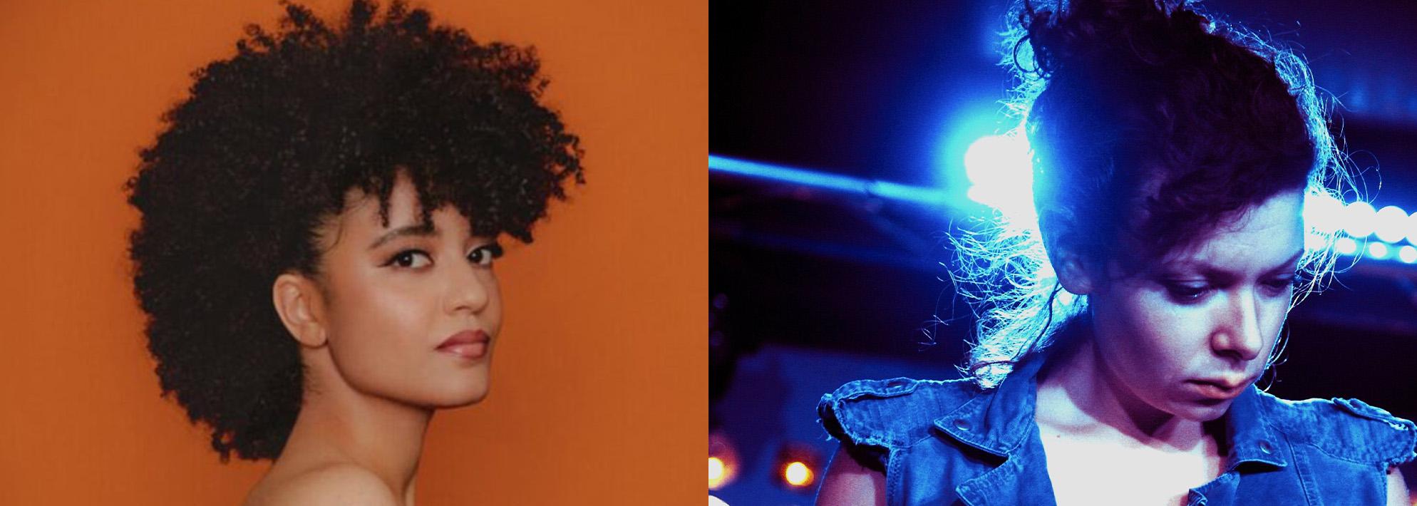 Split image of Milena Casado posed in front of an orange backdrop and Steph Richards looking downward as she performs on stage