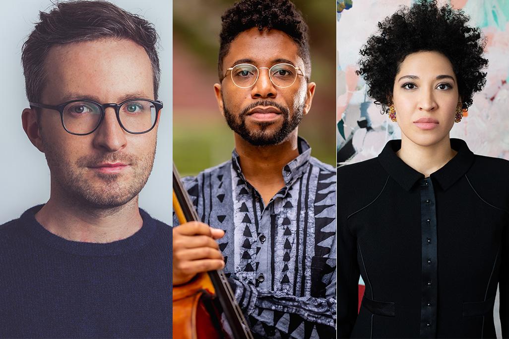 Split image of headshots of Conor Hanick, Seth Parker Woods, Julia Bullock