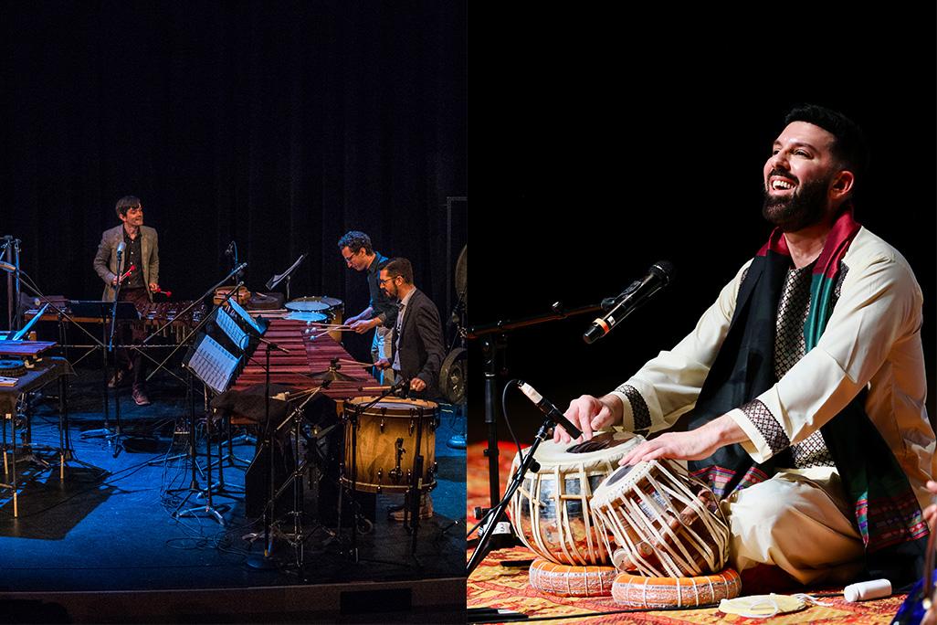 Split image of Third Coast Percussion and Salar Nader, each performing on stage
