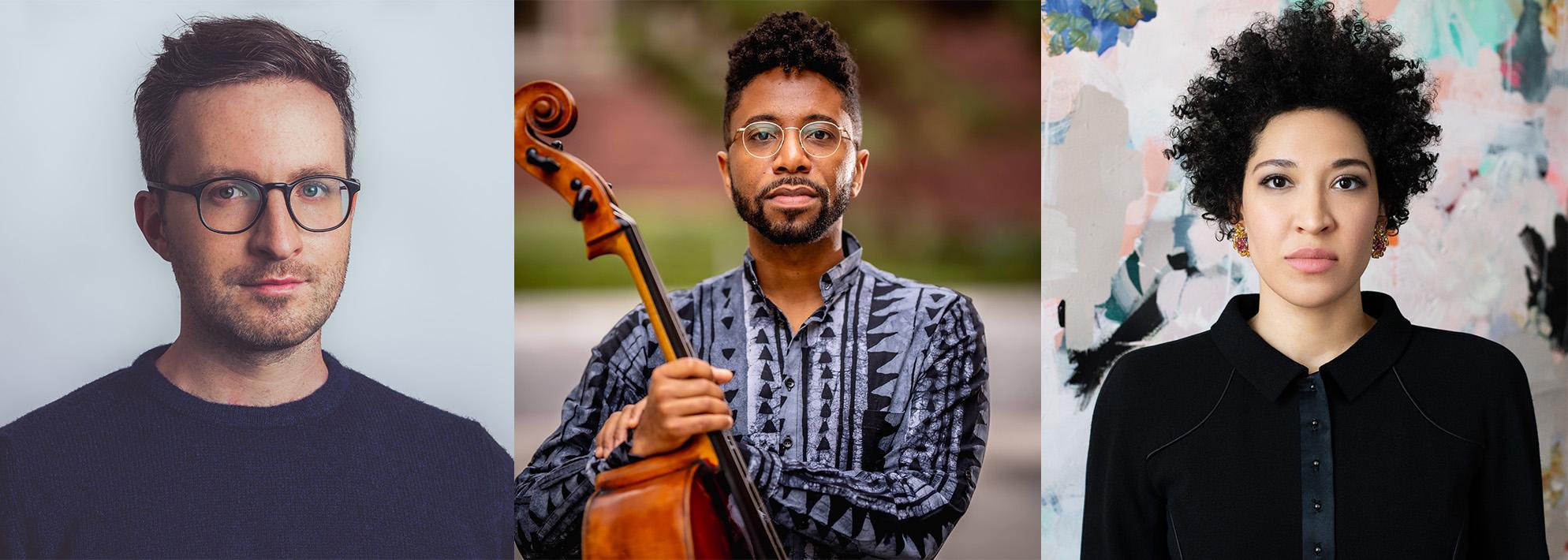 Split image of headshots of Conor Hanick, Seth Parker Woods, Julia Bullock