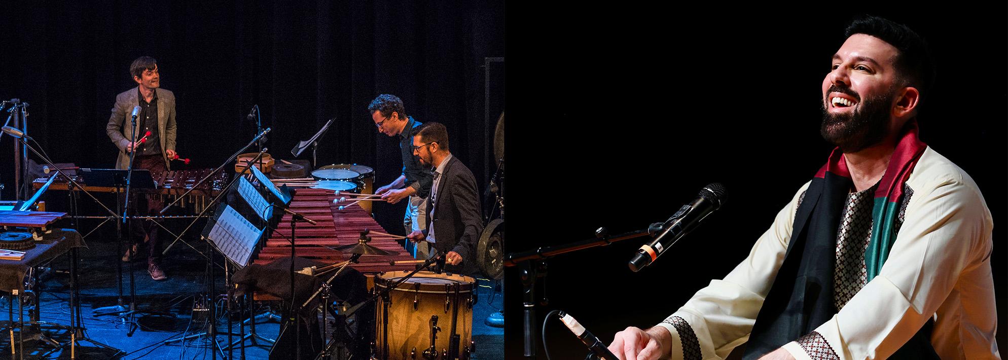 Split image of Third Coast Percussion and Salar Nader, each performing on stage