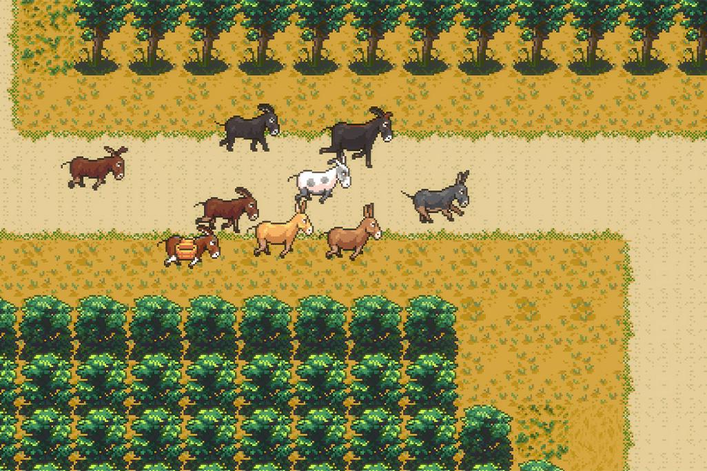 Screenshot from video game 'asses.masses' featuring donkeys running across a golden field with scattered shrubs 