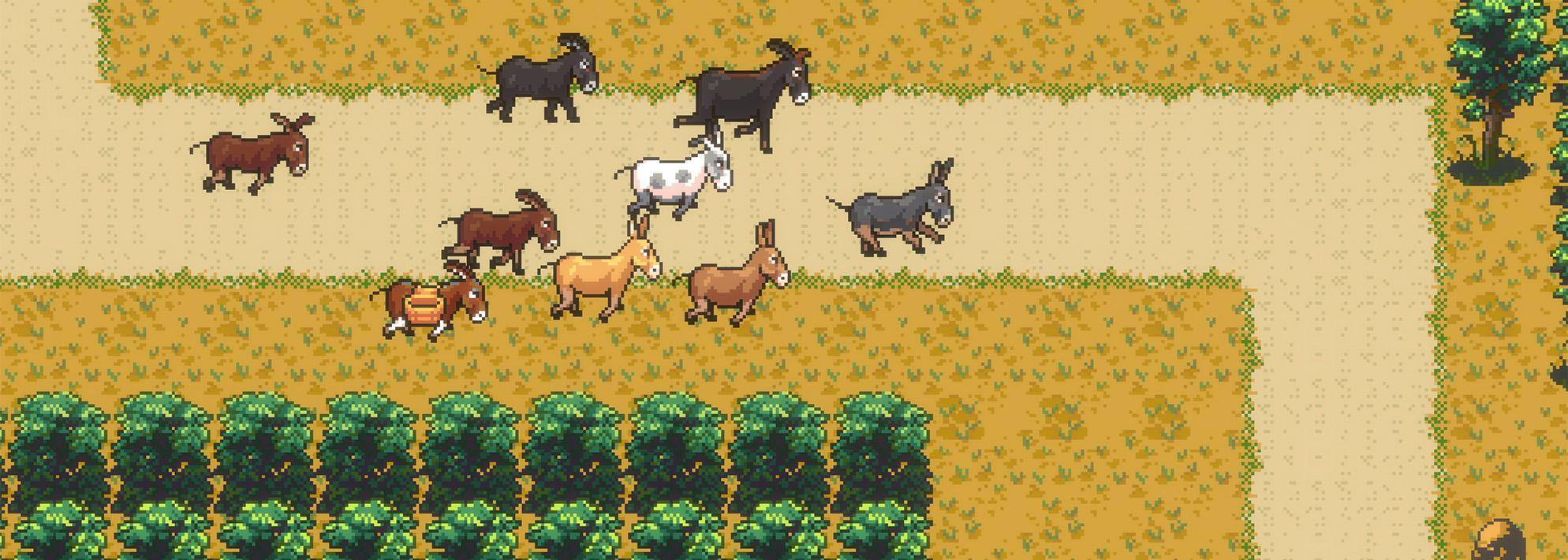 Screenshot from video game 'asses.masses' featuring donkeys running across a golden field with scattered shrubs 