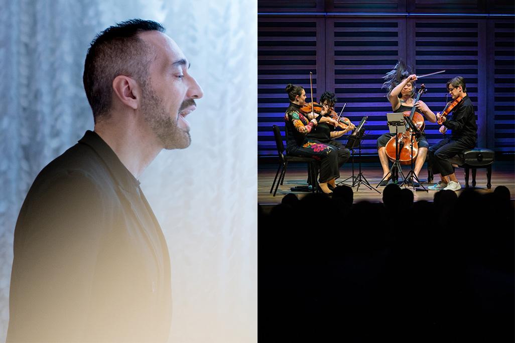 Split image of Theo Bleckmann singing in front of a grey wall and Attacca Quartet performing on stage