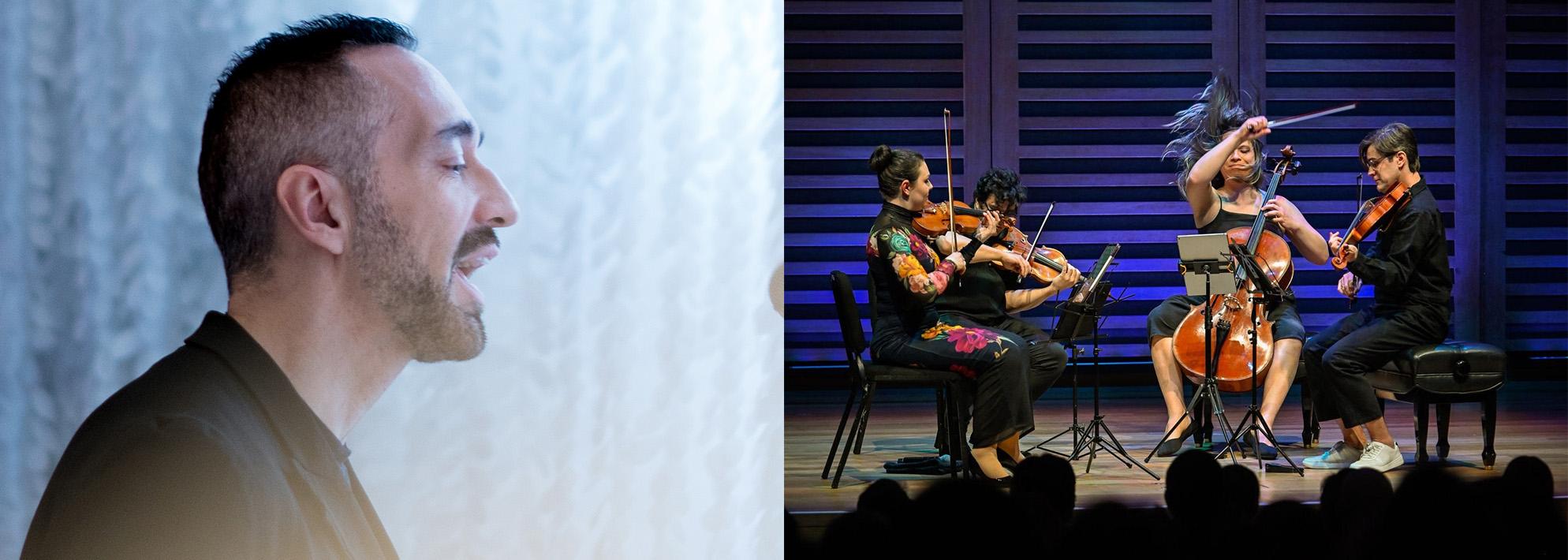 Split image of Theo Bleckmann singing in front of a grey wall and Attacca Quartet performing on stage