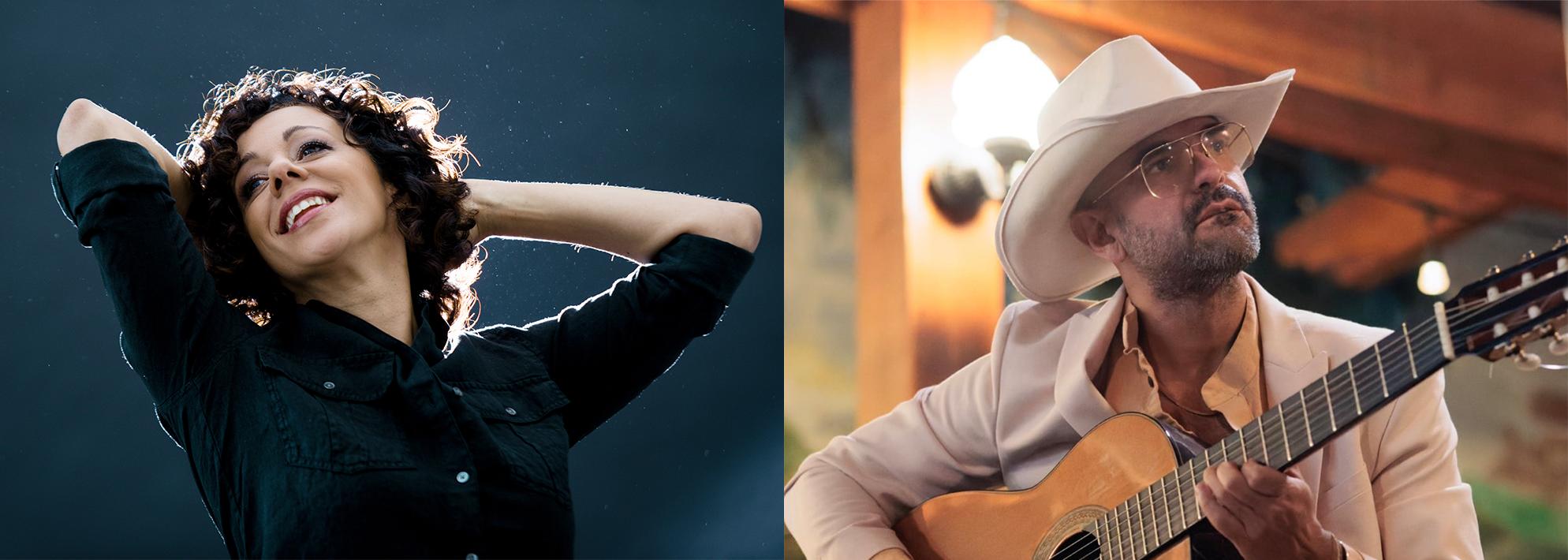 Split image of portraits of Luciana Souza and Marcel Camargo