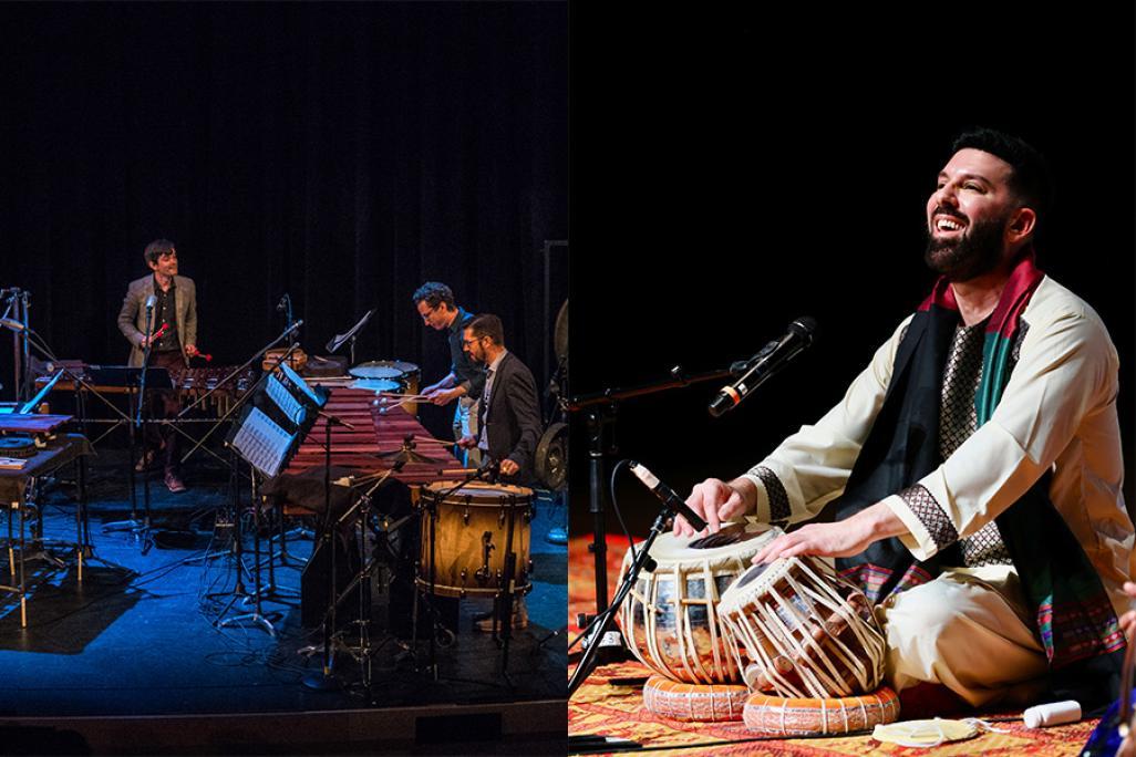 Split image of Third Coast Percussion performing on stage (left) and Salar Nader (right)