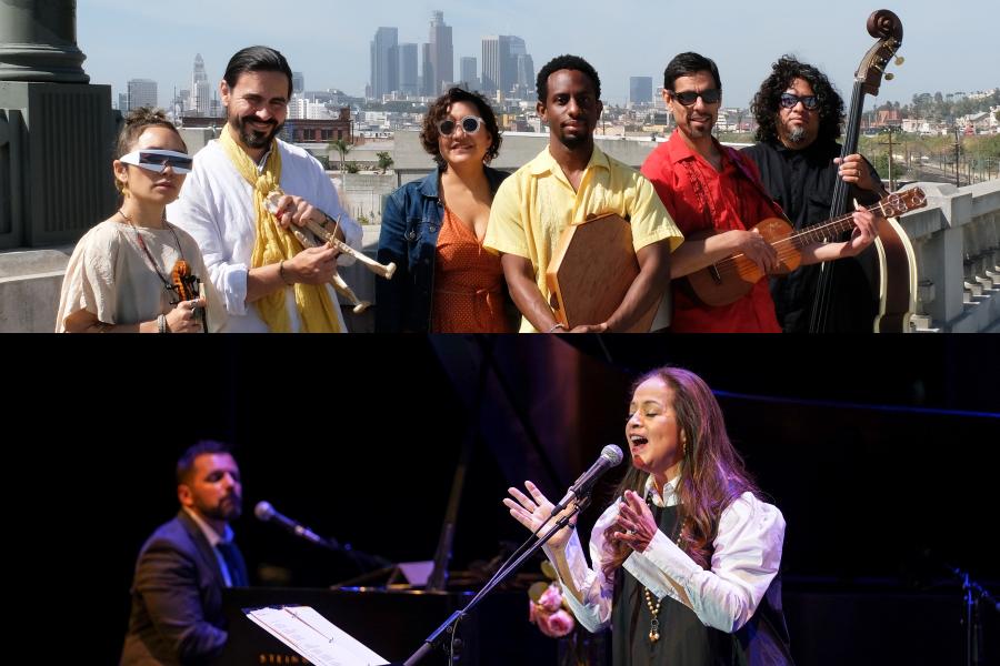 Quetzal posing for a group shot with downtown L.A. in View - Perla Batalla caught in a performance moment onstage